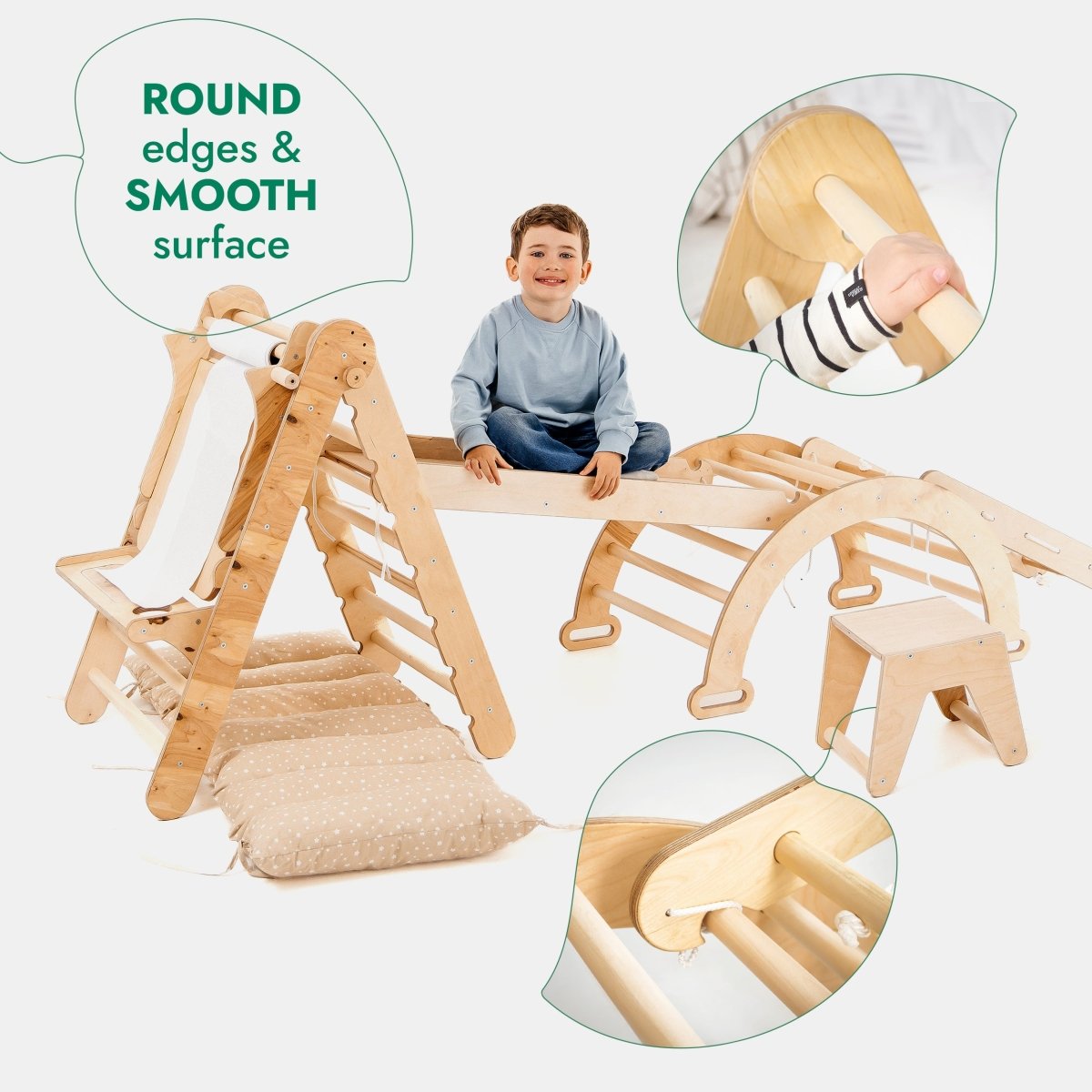 6in1 Montessori Climbing Set: Triangle Ladder + Arch/Rocker + Slide/Ramp + Net + Cushion + Art Addition