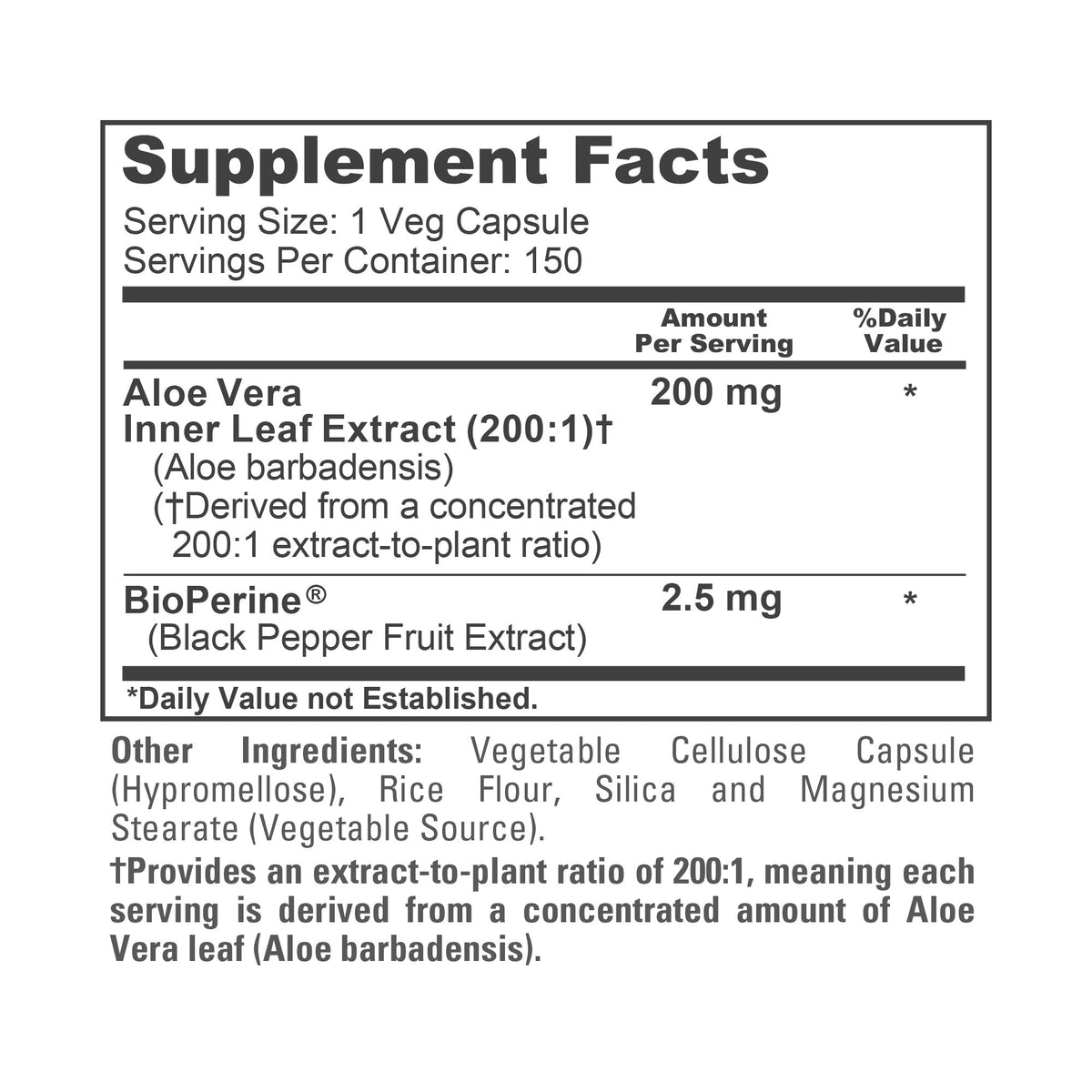 NusaPure Aloe Vera 200mg Per Veggie Caps - 150 Count - Aloe Vera Gel Supplement - Extract 200:1, Vegetarian, Non-GMO, Bioperine