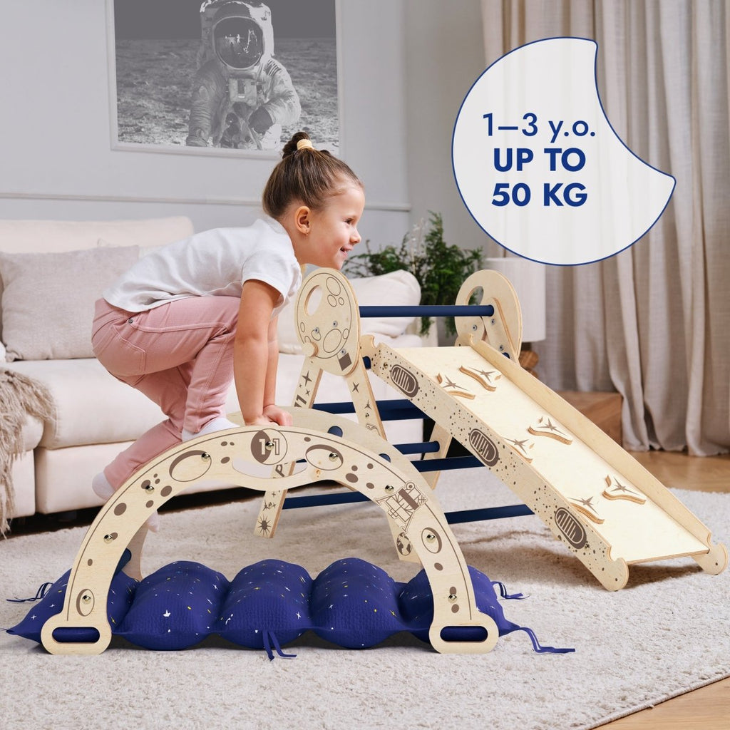 Apollo 4in1 Climbing Set:  Pikler Triangle, Arch, Slide Board, and Cushion for Little Toddlers Astronauts (1–3 Years)